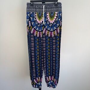 Boho Mandala Print Rayon Harem Jogger Pants Navy Blue Multicolor One Size